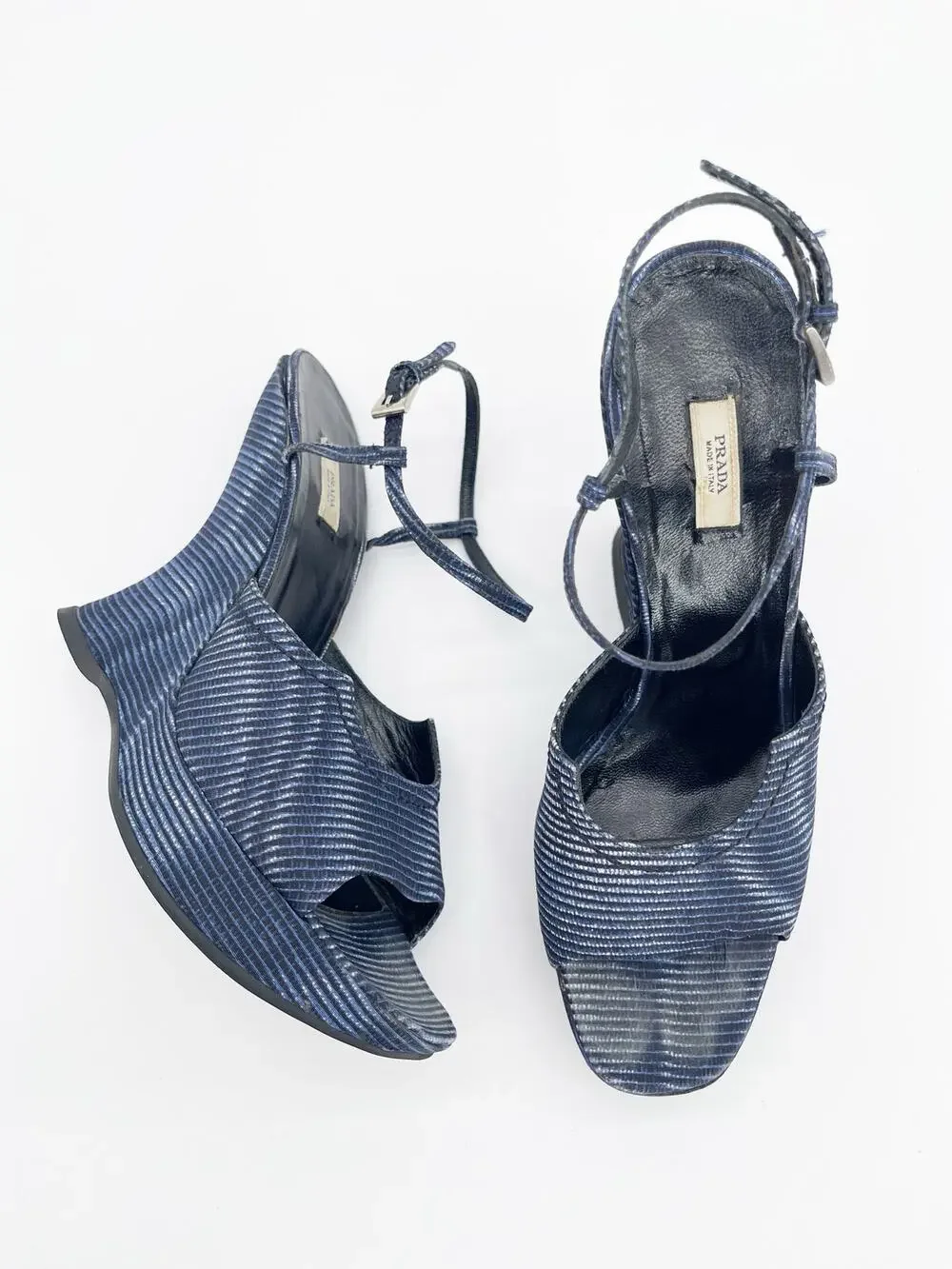 Prada Vintage Fall 2004 Runway Blue Wavy Striped Platform Wedge Sandals IT 40